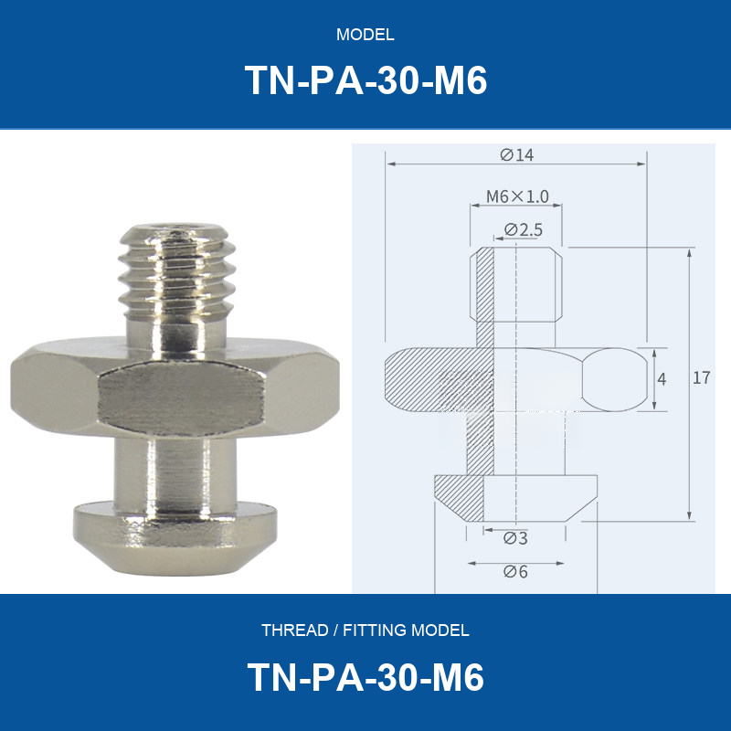 TN-PA-30-M6 threaded vacuum cup mount fitting with product view and dimensional drawing