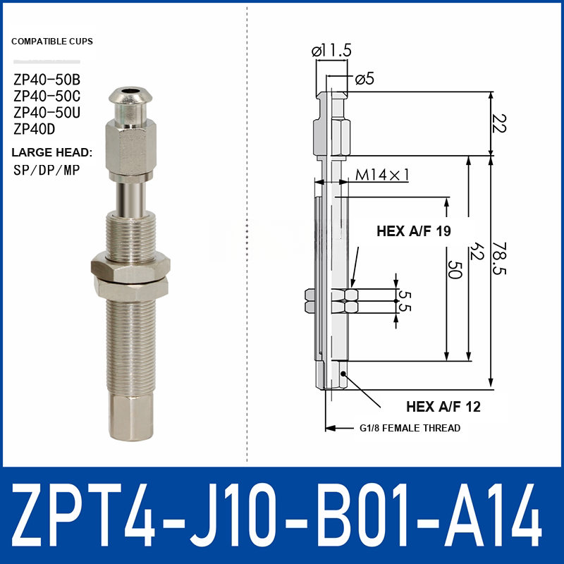 ZPT4-J10-B01-A14 anti-rotation vacuum cup buffer mount with dimensional drawing