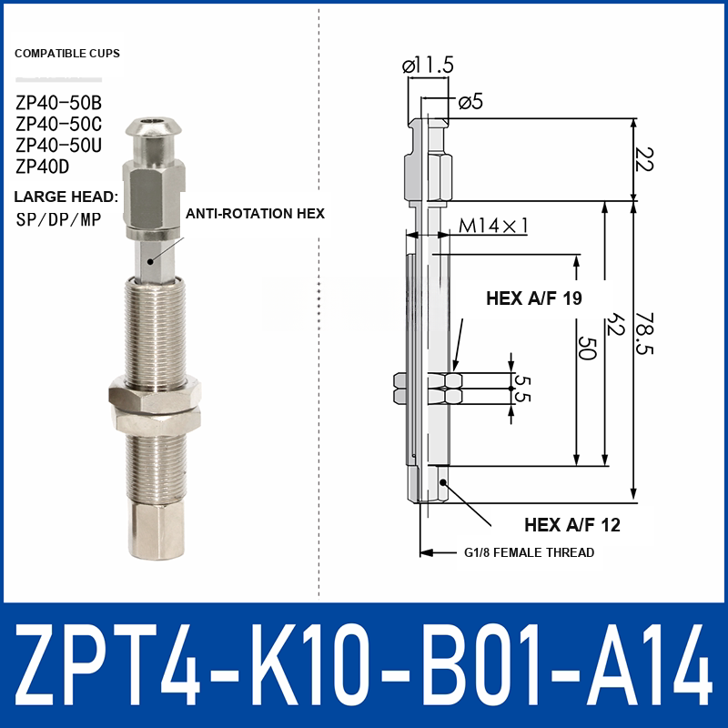 ZPT4-K10-B01-A14 anti-rotation vacuum cup buffer mount with dimensional drawing