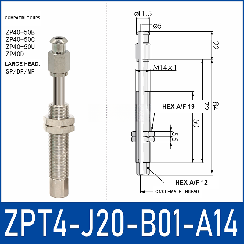 ZPT4-J20-B01-A14 anti-rotation vacuum cup buffer mount with dimensional drawing