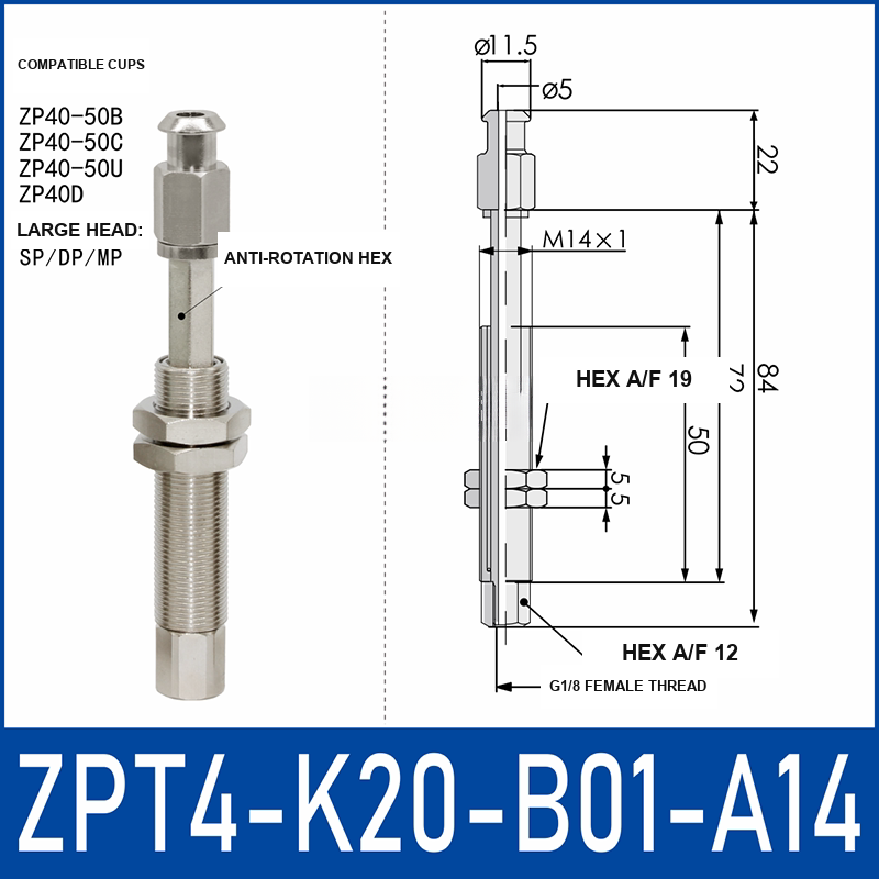 ZPT4-K20-B01-A14 anti-rotation vacuum cup buffer mount with dimensional drawing