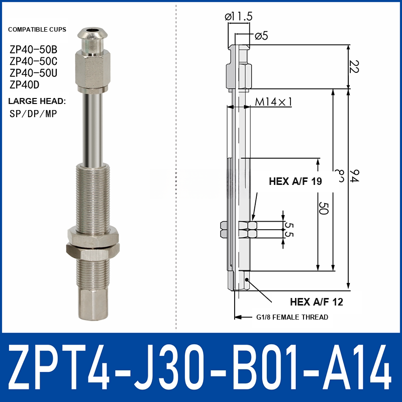 ZPT4-J30-B01-A14 anti-rotation vacuum cup buffer mount with dimensional drawing