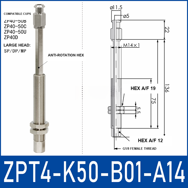 ZPT4-K50-B01-A14 anti-rotation vacuum cup buffer mount with dimensional drawing
