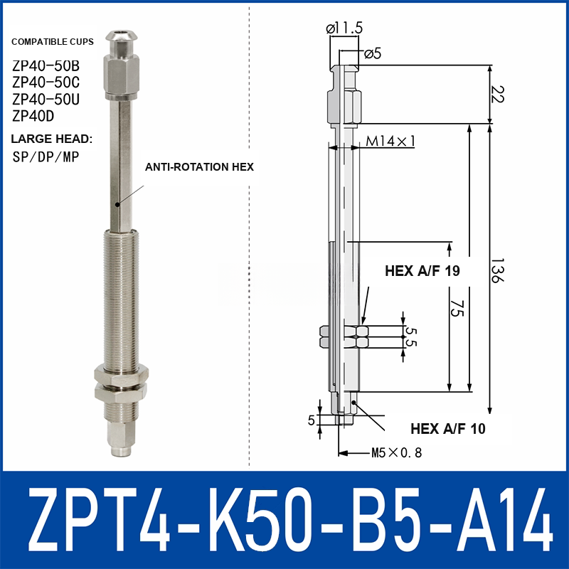 ZPT4-K50-B5-A14 anti-rotation vacuum cup buffer mount with dimensional drawing
