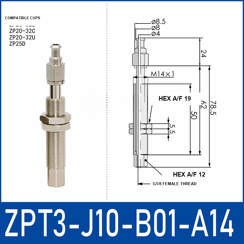 ZPT3-J10-B01-A14 anti-rotation vacuum cup buffer mount with dimensional drawing