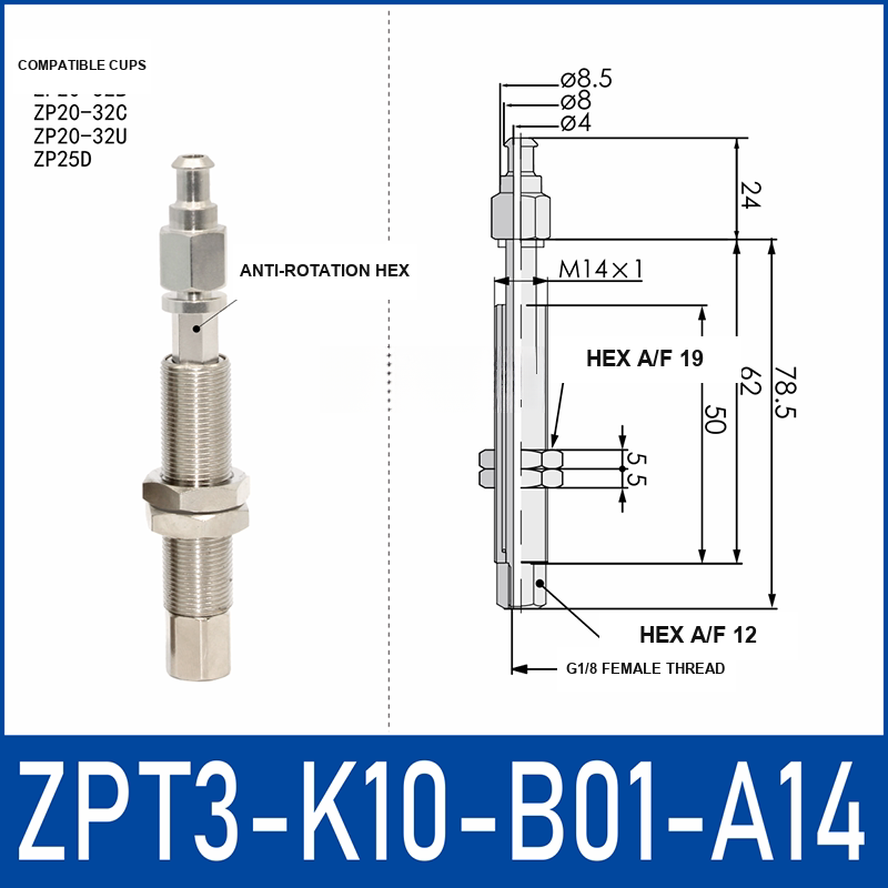 ZPT3-K10-B01-A14 anti-rotation vacuum cup buffer mount with dimensional drawing