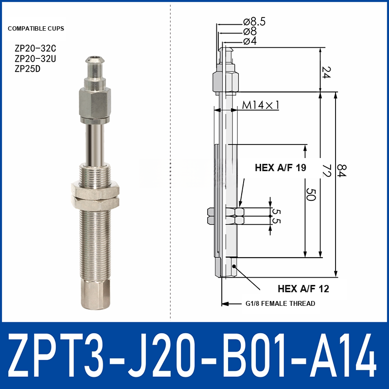 ZPT3-J20-B01-A14 anti-rotation vacuum cup buffer mount with dimensional drawing