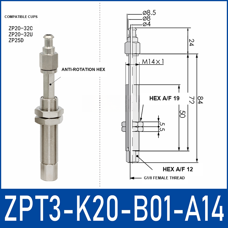 ZPT3-K20-B01-A14 anti-rotation vacuum cup buffer mount with dimensional drawing