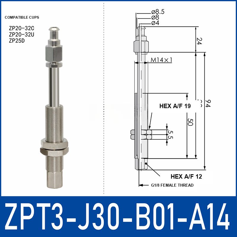 ZPT3-J30-B01-A14 anti-rotation vacuum cup buffer mount with dimensional drawing