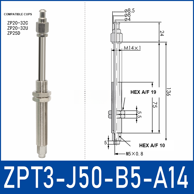 ZPT3-J50-B5-A14 anti-rotation vacuum cup buffer mount with dimensional drawing