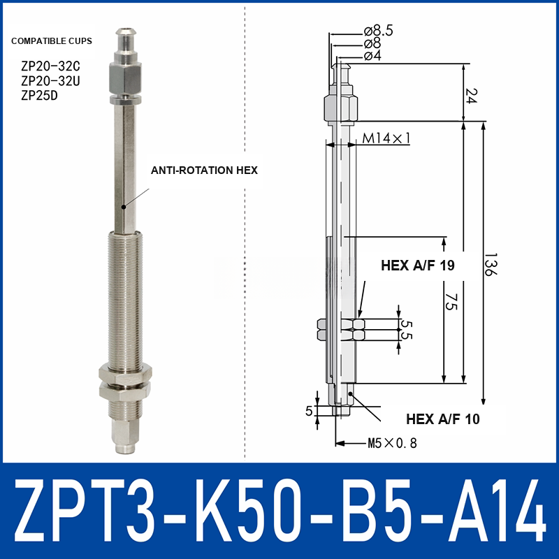 ZPT3-K50-B5-A14 anti-rotation vacuum cup buffer mount with dimensional drawing