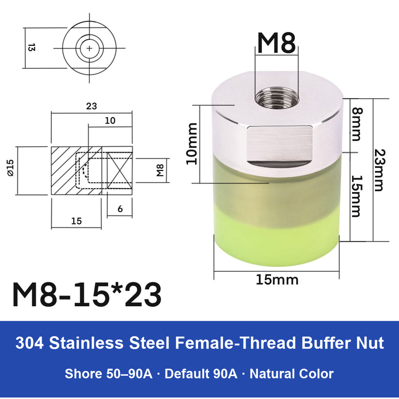 Female Thread M8 – Ø15 × 23 mm, 304 stainless steel polyurethane-coated buffer component