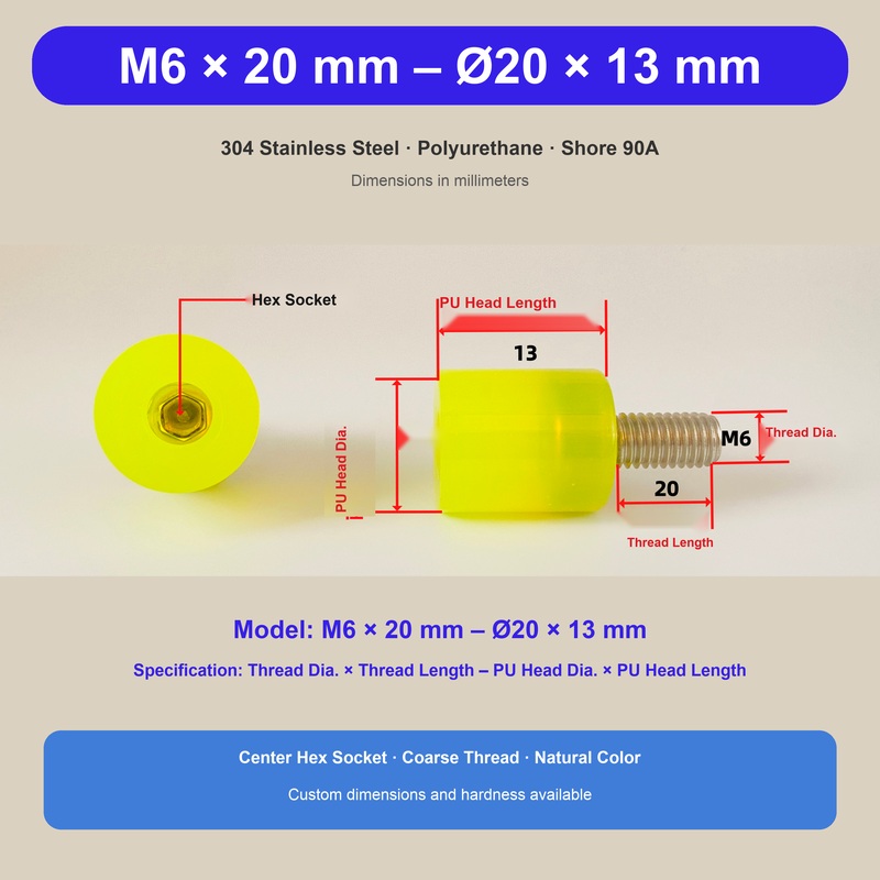 M6 × 20 mm – Ø20 × 13 mm, 304 stainless steel polyurethane buffer screw with center hex socket