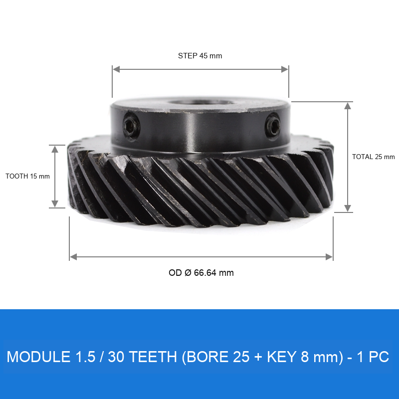 Module 1.5 / 30T / Bore 25 mm / Key 8 mm helical gear technical drawing