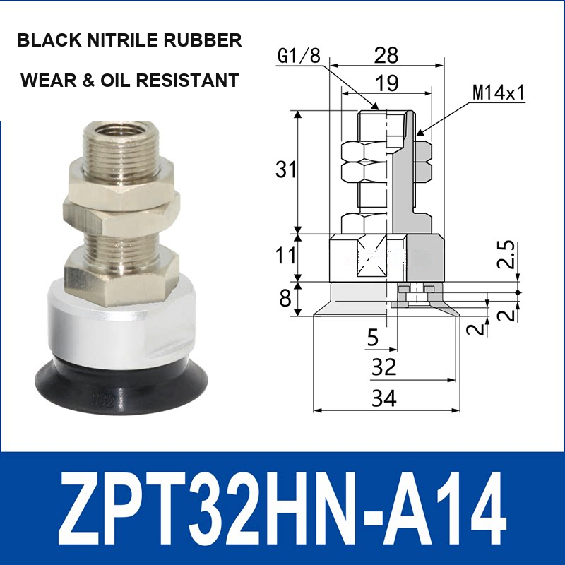 ZPT32HN-A14 heavy-duty vacuum cup assembly, 32 mm nominal cup size, black nitrile rubber, A14 mounting code, with product view and dimensional drawing