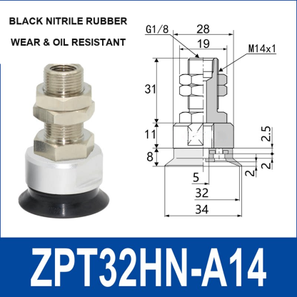 ZPT32HN-A14 heavy-duty vacuum cup assembly, 32 mm nominal cup size, black nitrile rubber, A14 mounting code, with product view and dimensional drawing