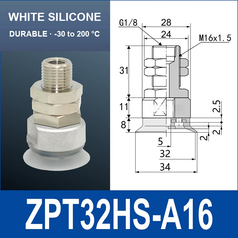 ZPT32HS-A16 heavy-duty vacuum cup assembly, 32 mm nominal cup size, white silicone, A16 mounting code, with product view and dimensional drawing