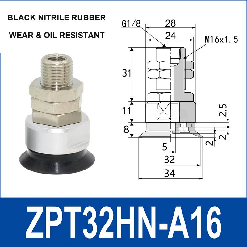 ZPT32HN-A16 heavy-duty vacuum cup assembly, 32 mm nominal cup size, black nitrile rubber, A16 mounting code, with product view and dimensional drawing