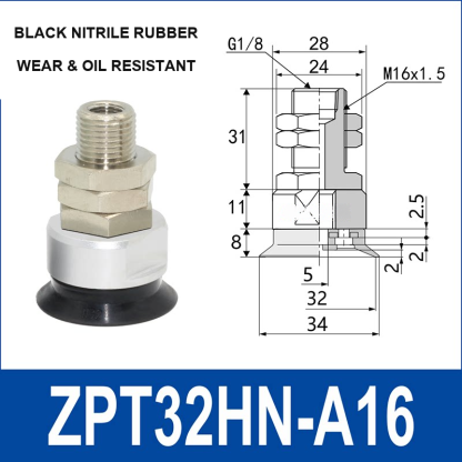 ZPT32HN-A16 heavy-duty vacuum cup assembly, 32 mm nominal cup size, black nitrile rubber, A16 mounting code, with product view and dimensional drawing