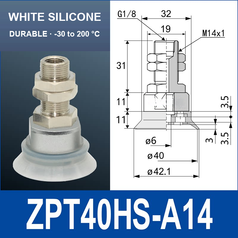 ZPT40HS-A14 heavy-duty vacuum cup assembly, 40 mm nominal cup size, white silicone, A14 mounting code, with product view and dimensional drawing