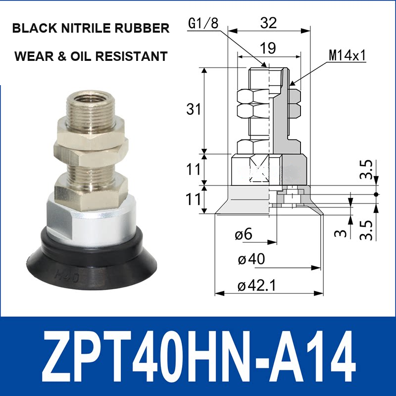 ZPT40HN-A14 heavy-duty vacuum cup assembly, 40 mm nominal cup size, black nitrile rubber, A14 mounting code, with product view and dimensional drawing
