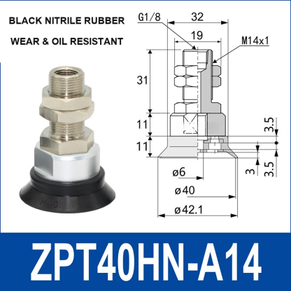 ZPT40HN-A14 heavy-duty vacuum cup assembly, 40 mm nominal cup size, black nitrile rubber, A14 mounting code, with product view and dimensional drawing