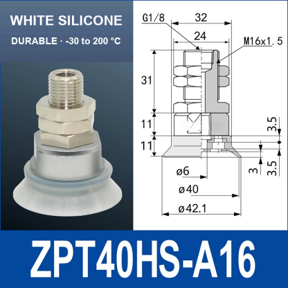 ZPT40HS-A16 heavy-duty vacuum cup assembly, 40 mm nominal cup size, white silicone, A16 mounting code, with product view and dimensional drawing