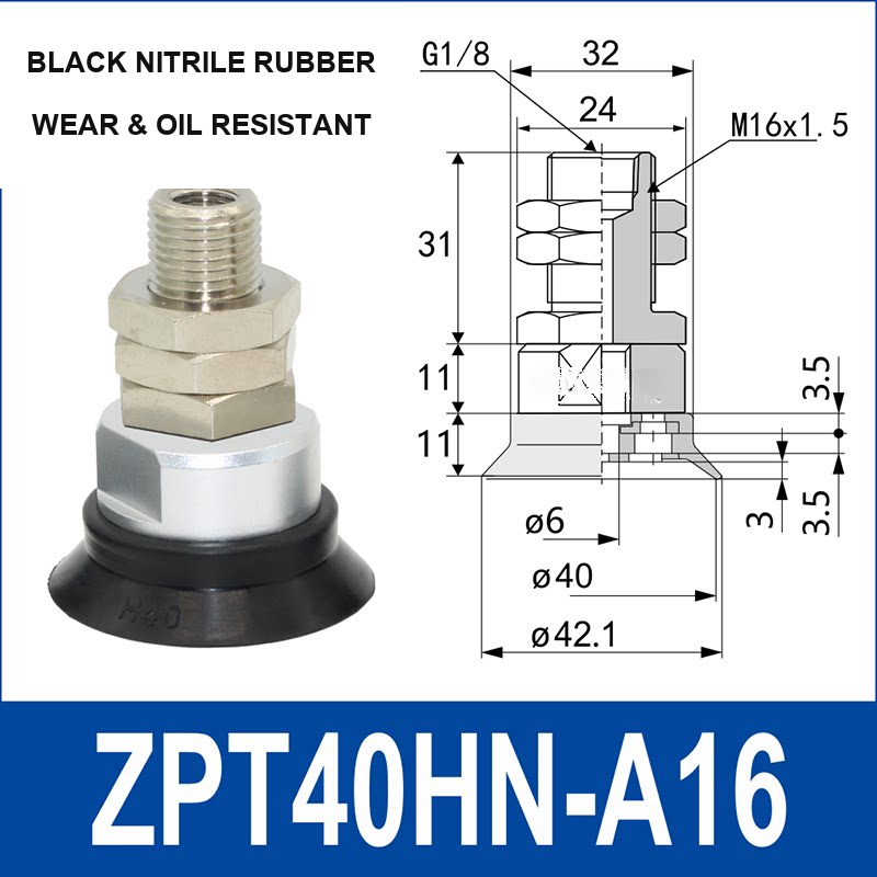 ZPT40HN-A16 heavy-duty vacuum cup assembly, 40 mm nominal cup size, black nitrile rubber, A16 mounting code, with product view and dimensional drawing