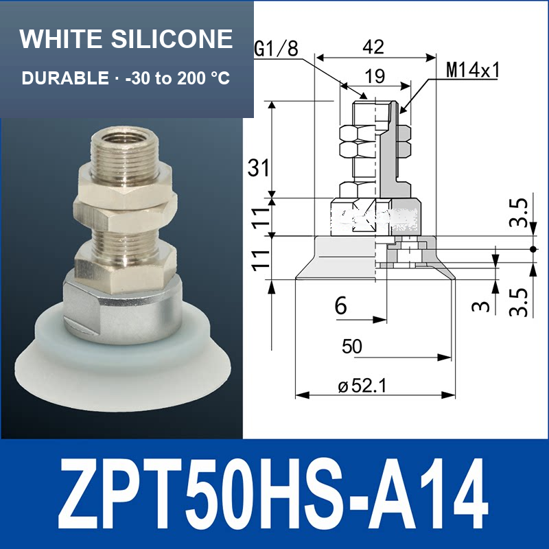 ZPT50HS-A14 heavy-duty vacuum cup assembly, 50 mm nominal cup size, white silicone, A14 mounting code, with product view and dimensional drawing