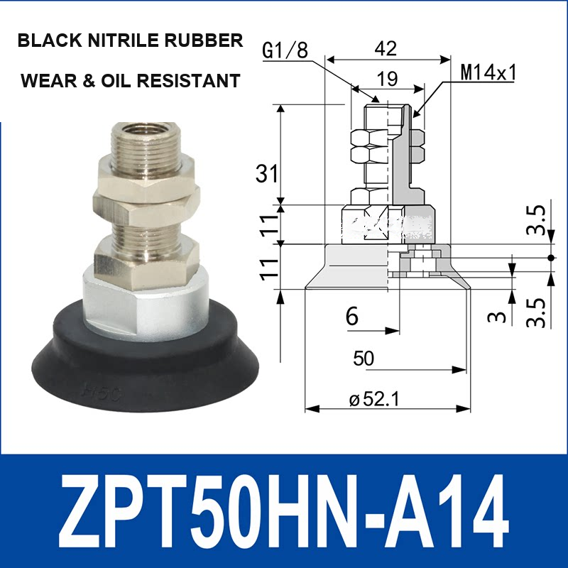 ZPT50HN-A14 heavy-duty vacuum cup assembly, 50 mm nominal cup size, black nitrile rubber, A14 mounting code, with product view and dimensional drawing