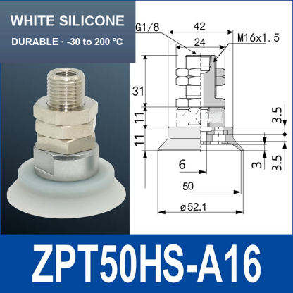 ZPT50HS-A16 heavy-duty vacuum cup assembly, 50 mm nominal cup size, white silicone, A16 mounting code, with product view and dimensional drawing