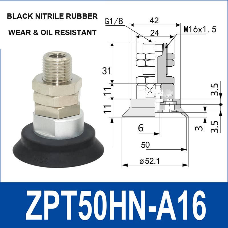 ZPT50HN-A16 heavy-duty vacuum cup assembly, 50 mm nominal cup size, black nitrile rubber, A16 mounting code, with product view and dimensional drawing