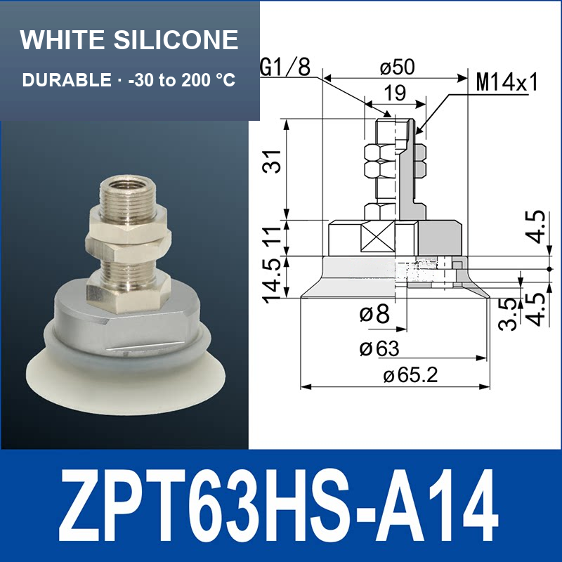ZPT63HS-A14 heavy-duty vacuum cup assembly, 63 mm nominal cup size, white silicone, A14 mounting code, with product view and dimensional drawing