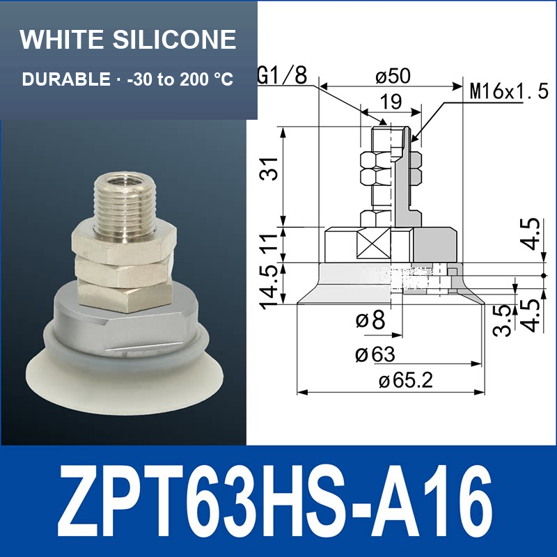 ZPT63HS-A16 heavy-duty vacuum cup assembly, 63 mm nominal cup size, white silicone, A16 mounting code, with product view and dimensional drawing