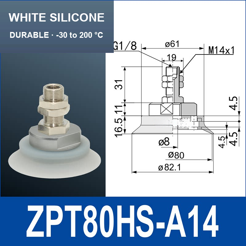 ZPT80HS-A14 heavy-duty vacuum cup assembly, 80 mm nominal cup size, white silicone, A14 mounting code, with product view and dimensional drawing