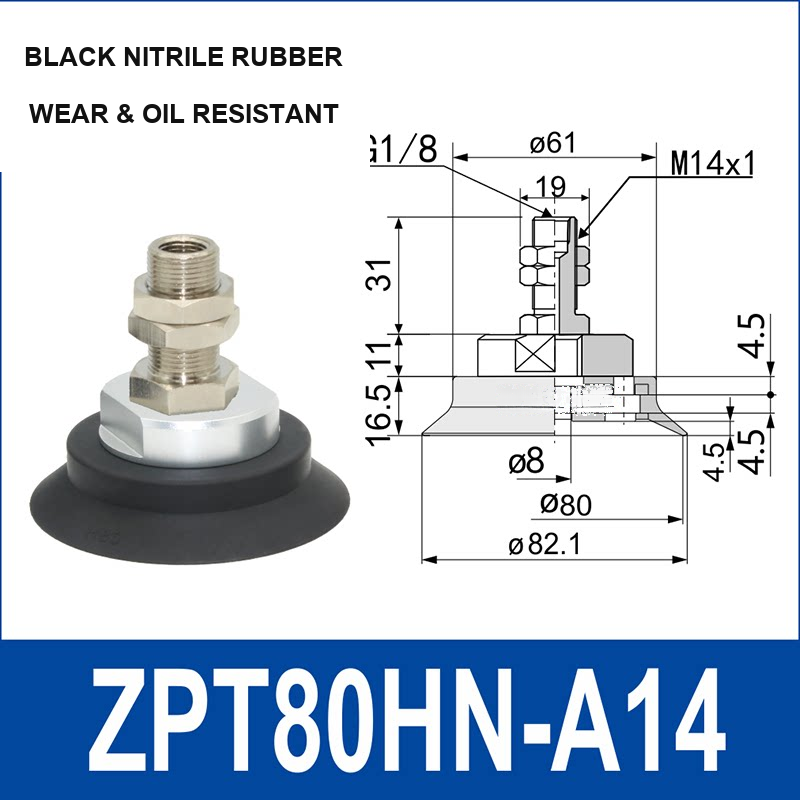 ZPT80HN-A14 heavy-duty vacuum cup assembly, 80 mm nominal cup size, black nitrile rubber, A14 mounting code, with product view and dimensional drawing