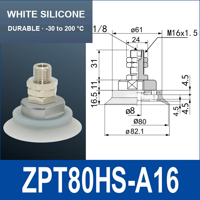 ZPT80HS-A16 heavy-duty vacuum cup assembly, 80 mm nominal cup size, white silicone, A16 mounting code, with product view and dimensional drawing