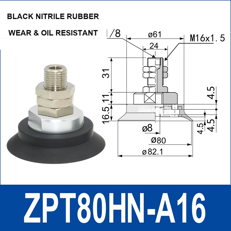 ZPT80HN-A16 heavy-duty vacuum cup assembly, 80 mm nominal cup size, black nitrile rubber, A16 mounting code, with product view and dimensional drawing