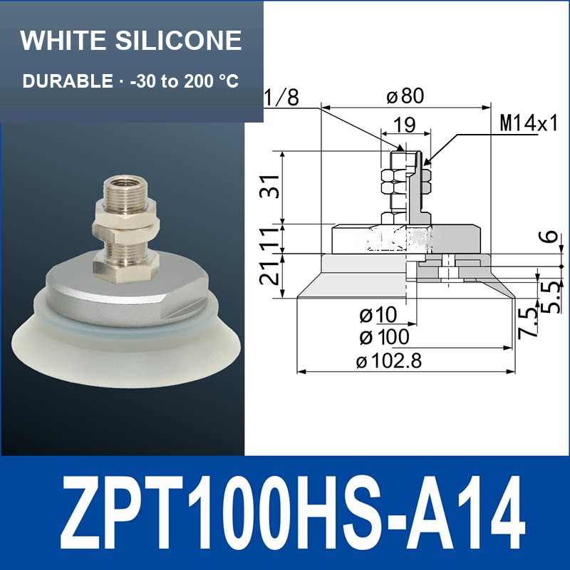 ZPT100HS-A14 heavy-duty vacuum cup assembly, 100 mm nominal cup size, white silicone, A14 mounting code, with product view and dimensional drawing