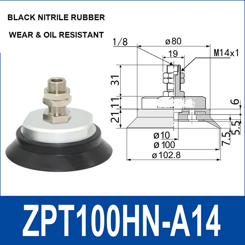 ZPT100HN-A14 heavy-duty vacuum cup assembly, 100 mm nominal cup size, black nitrile rubber, A14 mounting code, with product view and dimensional drawing