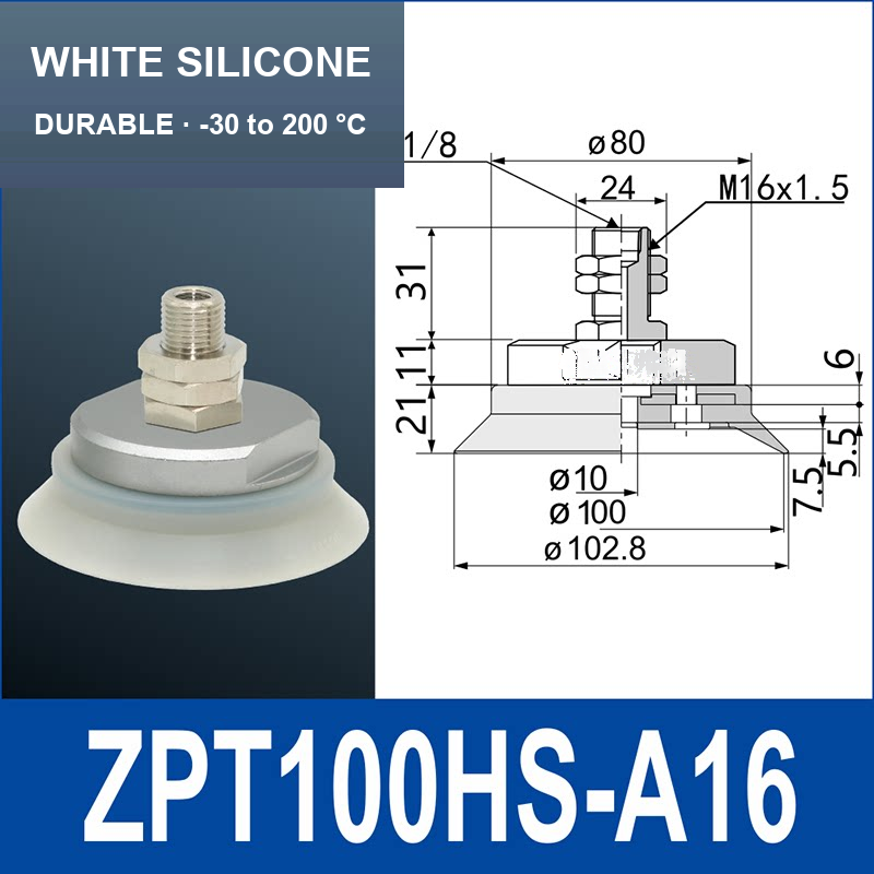 ZPT100HS-A16 heavy-duty vacuum cup assembly, 100 mm nominal cup size, white silicone, A16 mounting code, with product view and dimensional drawing