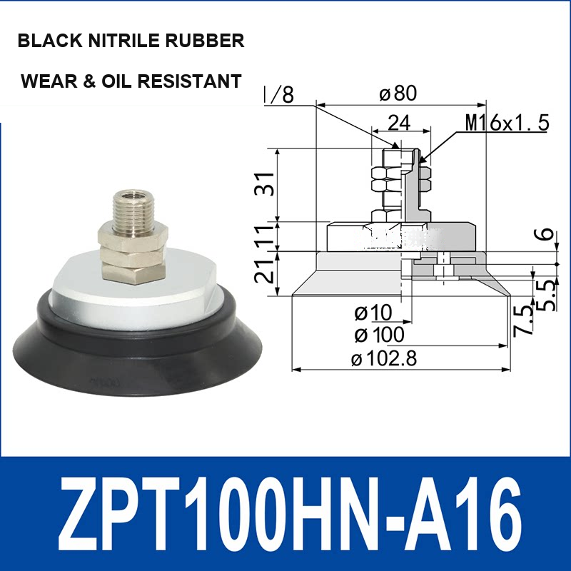 ZPT100HN-A16 heavy-duty vacuum cup assembly, 100 mm nominal cup size, black nitrile rubber, A16 mounting code, with product view and dimensional drawing