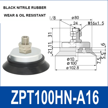 ZPT100HN-A16 heavy-duty vacuum cup assembly, 100 mm nominal cup size, black nitrile rubber, A16 mounting code, with product view and dimensional drawing