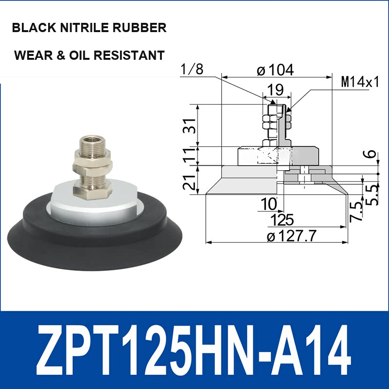 ZPT125HN-A14 heavy-duty vacuum cup assembly, 125 mm nominal cup size, black nitrile rubber, A14 mounting code, with product view and dimensional drawing