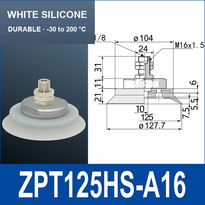 ZPT125HS-A16 heavy-duty vacuum cup assembly, 125 mm nominal cup size, white silicone, A16 mounting code, with product view and dimensional drawing