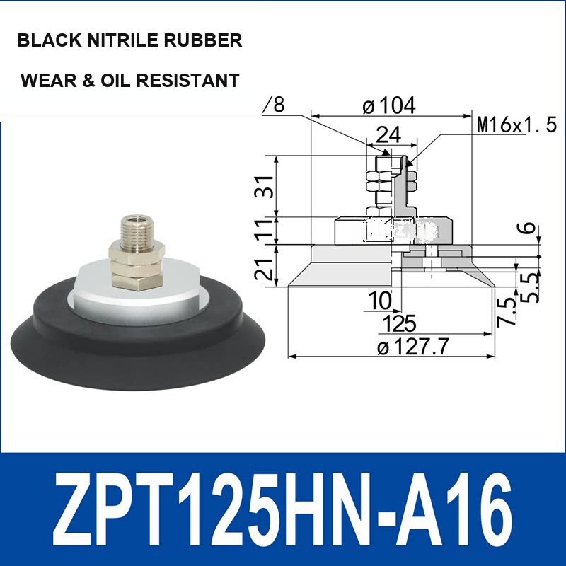 ZPT125HN-A16 heavy-duty vacuum cup assembly, 125 mm nominal cup size, black nitrile rubber, A16 mounting code, with product view and dimensional drawing