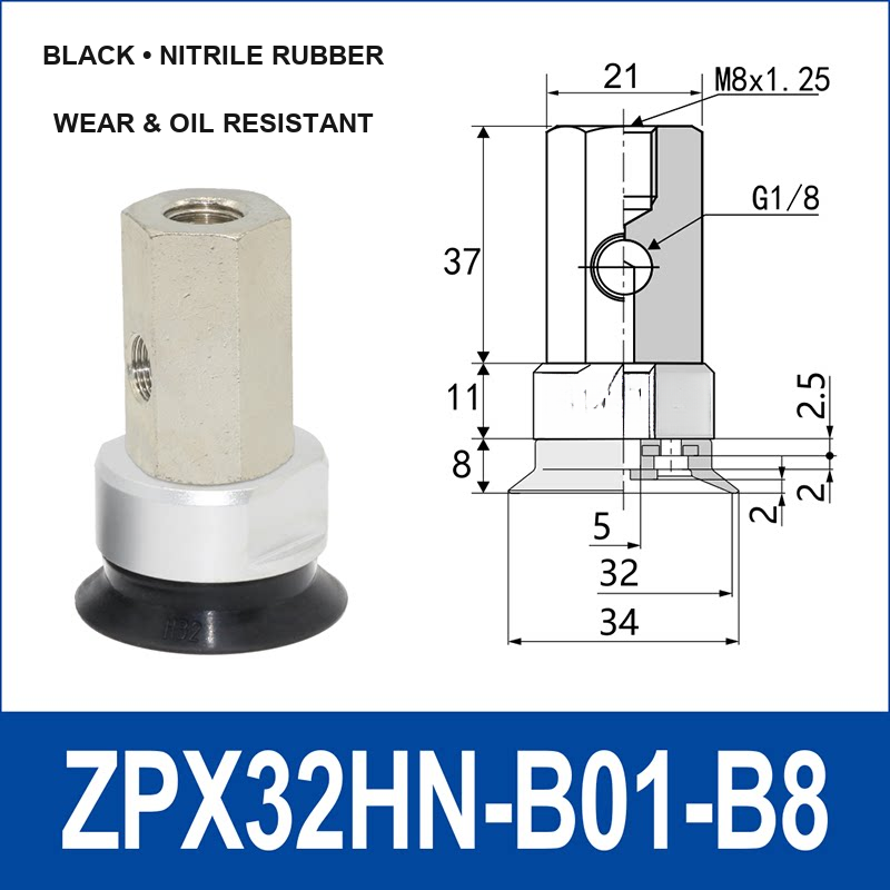 ZPX32HN-B01-B8 heavy-duty vacuum cup assembly with product view and dimensional drawing