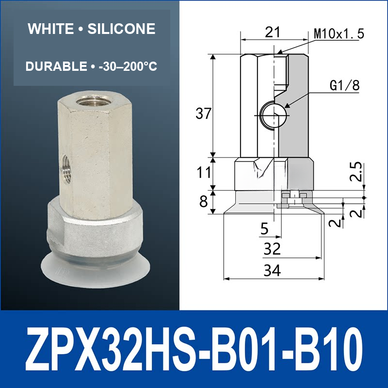 ZPX32HS-B01-B10 heavy-duty vacuum cup assembly with product view and dimensional drawing