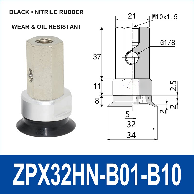 ZPX32HN-B01-B10 heavy-duty vacuum cup assembly with product view and dimensional drawing