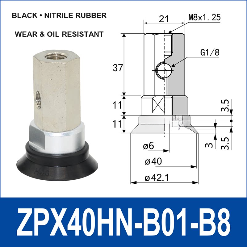 ZPX40HN-B01-B8 heavy-duty vacuum cup assembly with product view and dimensional drawing